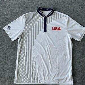 USA Shirt Mens Large White Adidas Heat.RDY Button Henley Collar Top Olympic